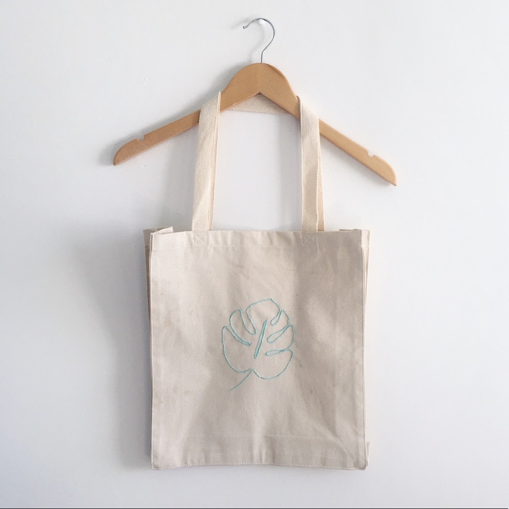 Canvas Tote Bag Monstera Leaf Embroidery